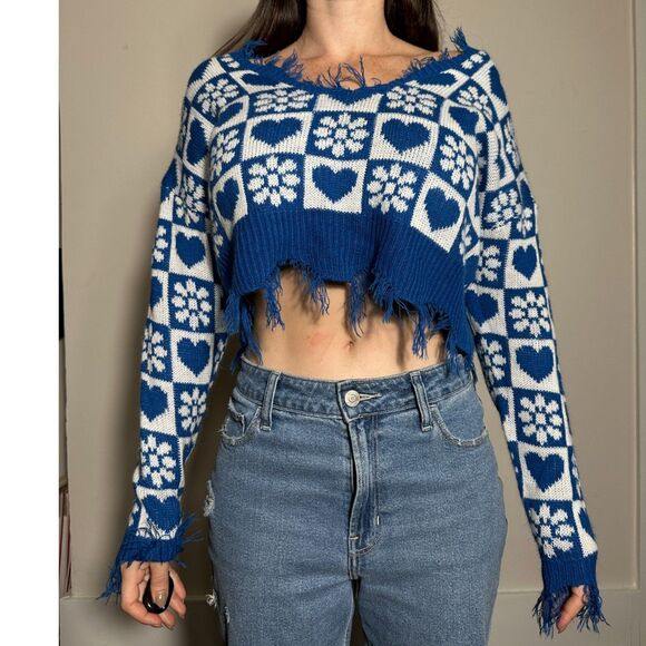 Just Polly Blue White Cropped Sweater Size Small - Picture 1 of 3